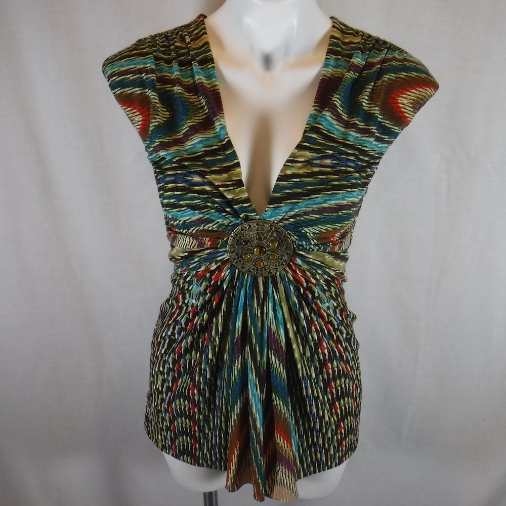 Sky Multicolor Deep V-Wrap Blouse with Decorative Medallion
